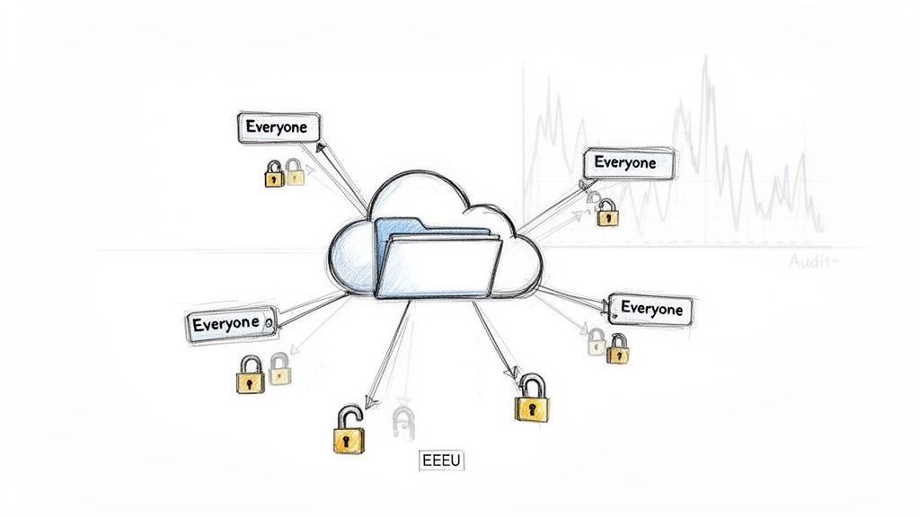 A sketch of cloud data shared with 'Everyone', indicating various access permissions and security via padlocks.