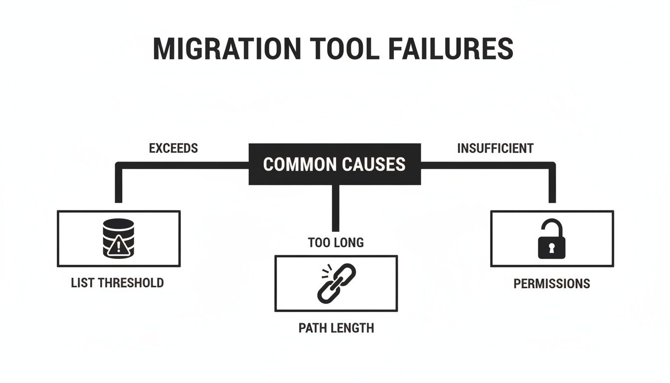 Diagram illustrating common causes of migration tool failures: list threshold, path length, and permissions.