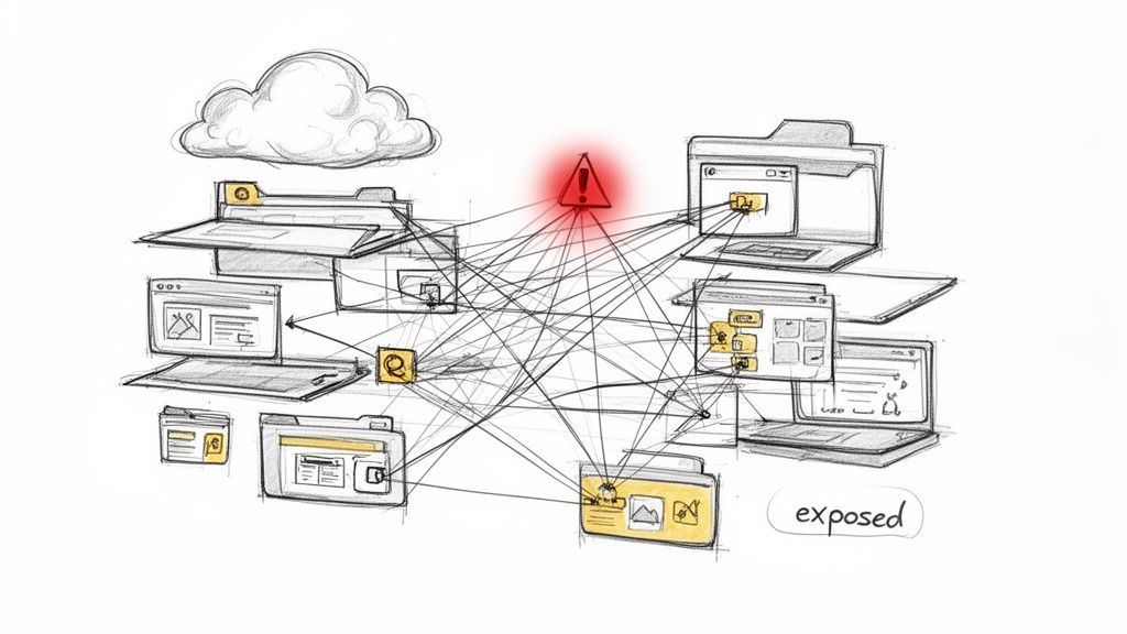 A sketch illustrating a network of digital data, folders, computers, and a cloud, with a central red warning sign indicating data exposure.