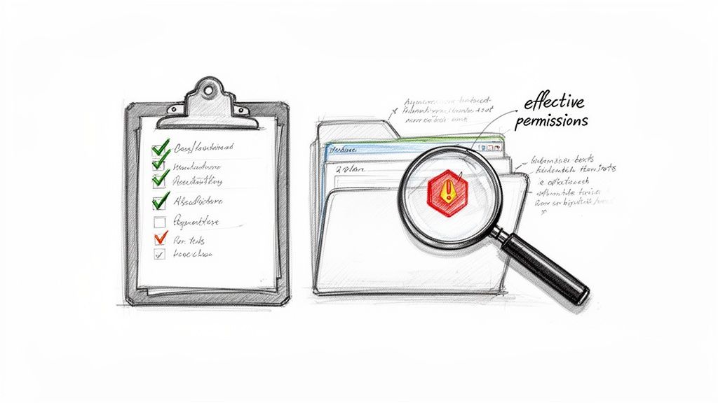 A sketch showing a clipboard with a checklist and a folder with a magnifying glass revealing a warning about effective permissions.