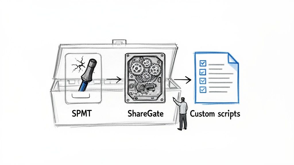 Illustration showing a broken SPMT being processed by ShareGate, resulting in custom scripts for migration.