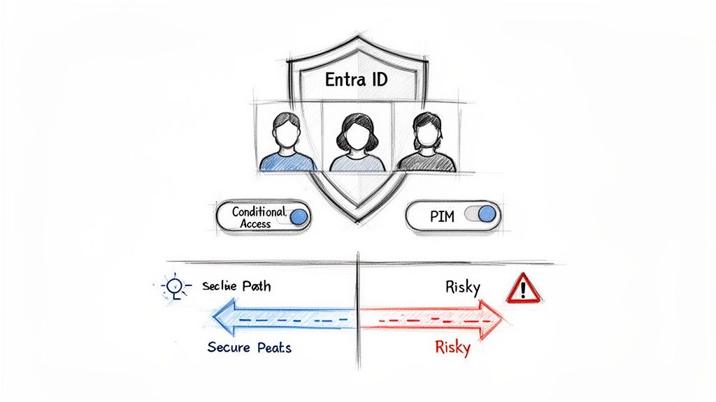 Diagram illustrating Entra ID security, showing Conditional Access, PIM, and paths for secure versus risky access.