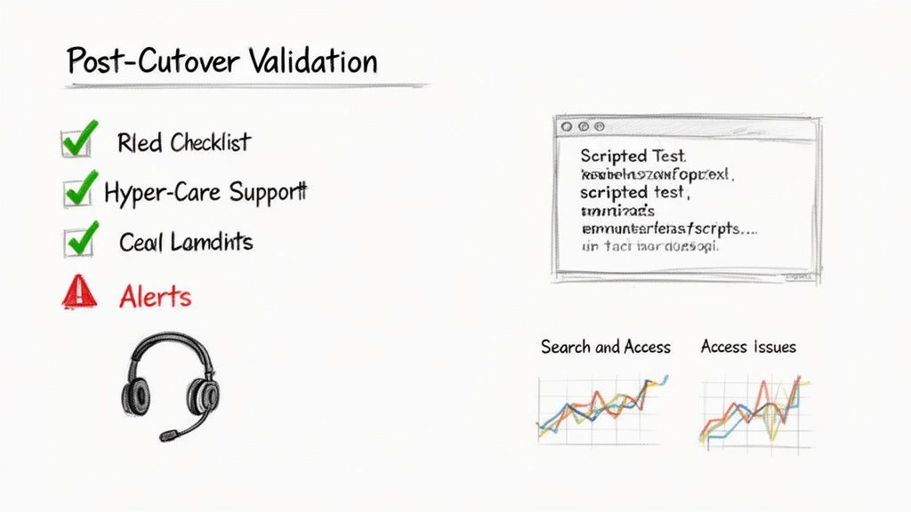 A diagram depicting post-cutover validation with checklists, support, alerts, scripted tests, and access graphs.