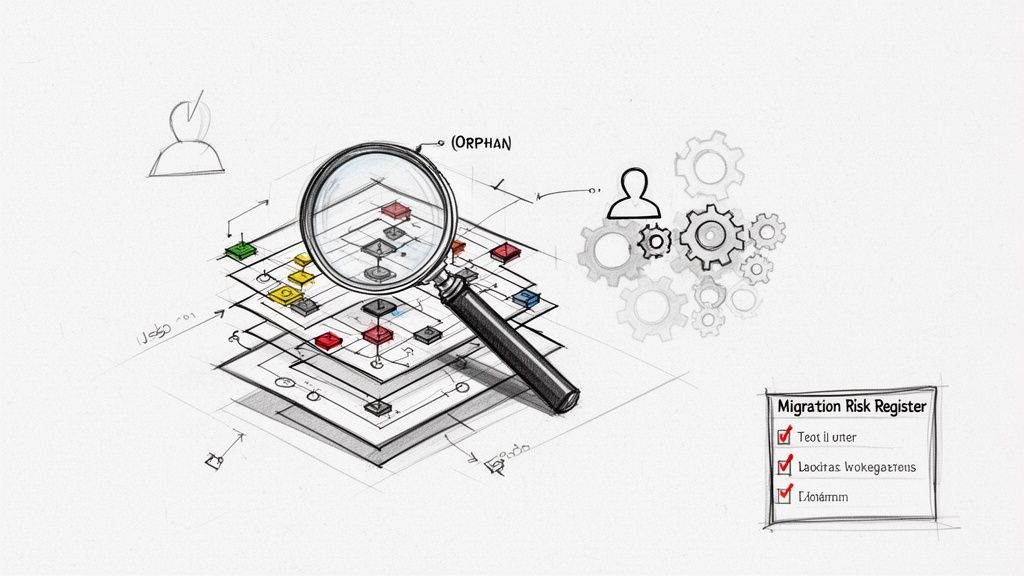Illustration of a magnifying glass scanning layered system components for 'orphans' during a migration.