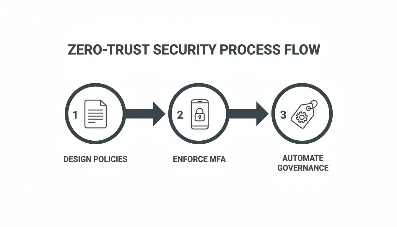 A three-step process diagram for zero-trust security, showing design policies, enforce MFA, and automate governance.
