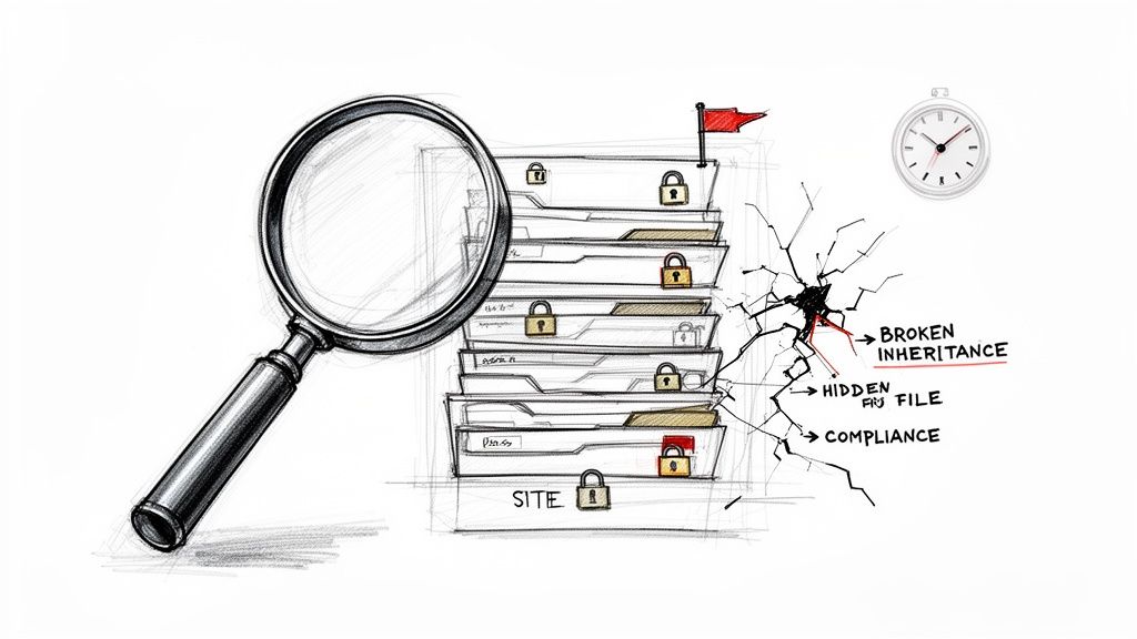 Magnifying glass inspecting a stack of locked file folders revealing broken inheritance and compliance issues.