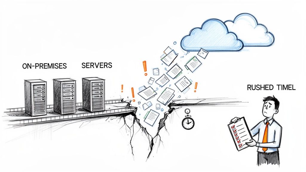 Illustration showing on-premises servers, a crack with data falling to a cloud, and a man facing a rushed timeline.