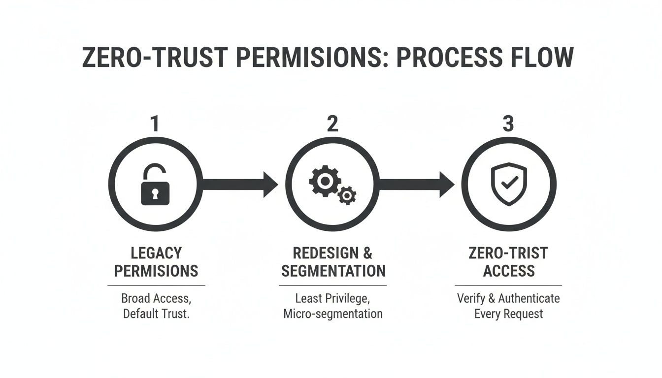 A three-step diagram illustrating the Zero-Trust Permissions process flow, moving from legacy access to segmented, verified access.