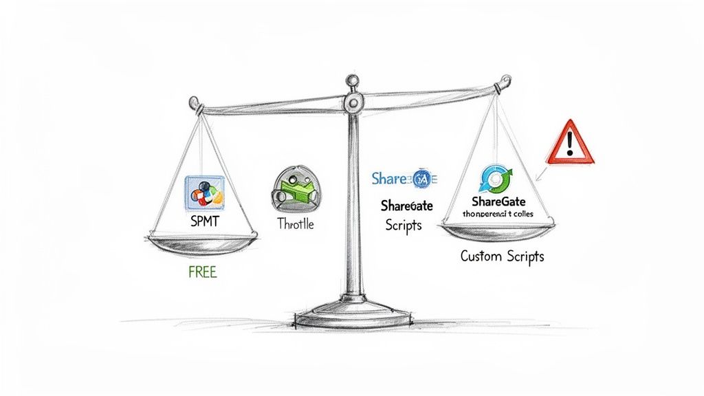 A balance scale comparing free SharePoint Migration tools (SPMT) with ShareGate and Custom Scripts, showing risks.