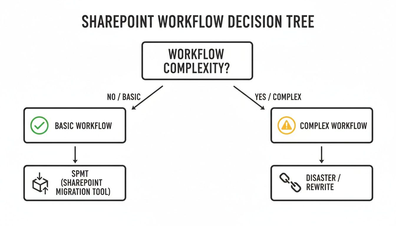 A SharePoint workflow decision tree guides migration based on complexity, suggesting SPMT for basic or rewrite for complex workflows.