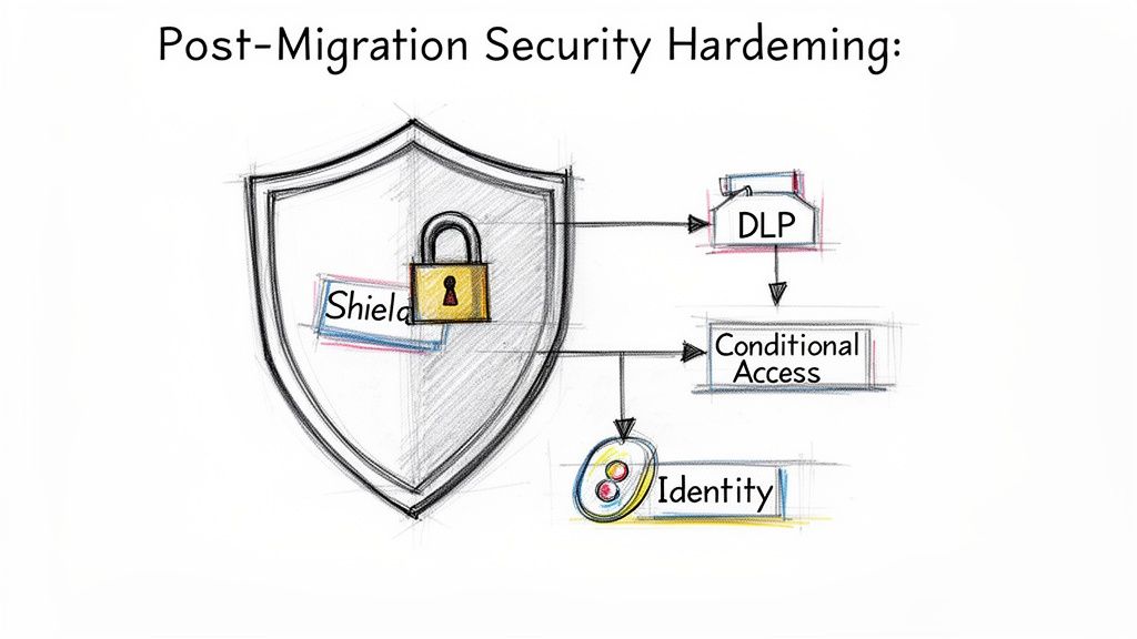Diagram illustrating post-migration security hardening, showing a shield, lock, DLP, Conditional Access, and Identity.
