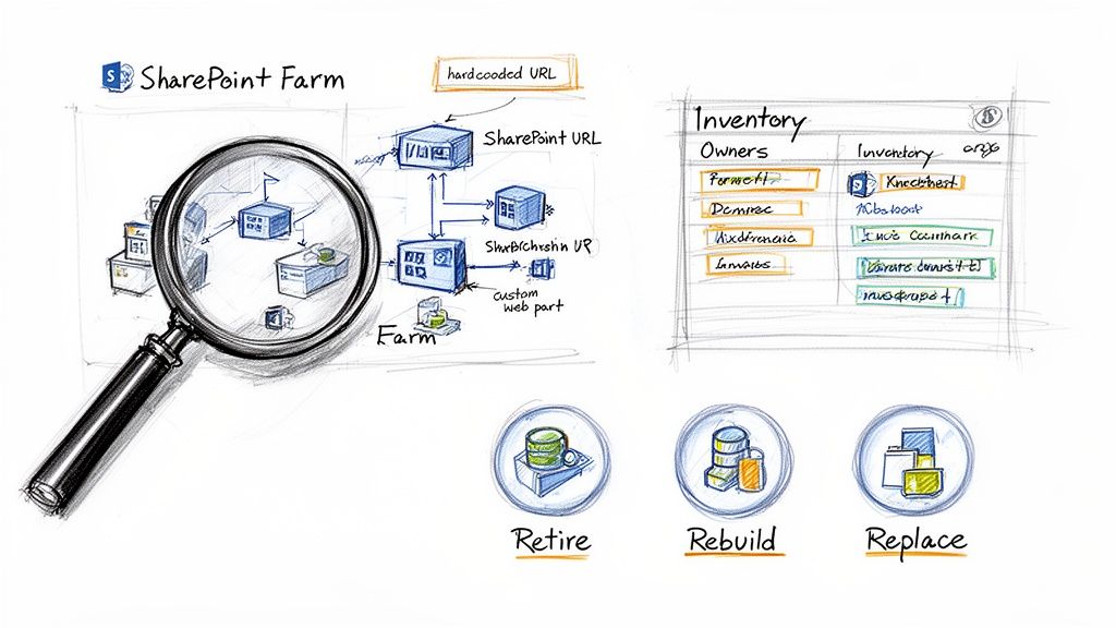 Diagram illustrating SharePoint farm architecture, inventory management, and modernization strategies: retire, rebuild, replace.