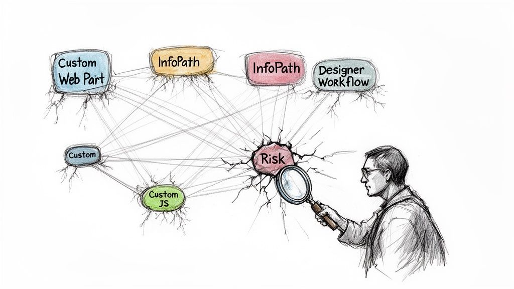 A person examines a central 'Risk' node connected to various customization components with a magnifying glass.