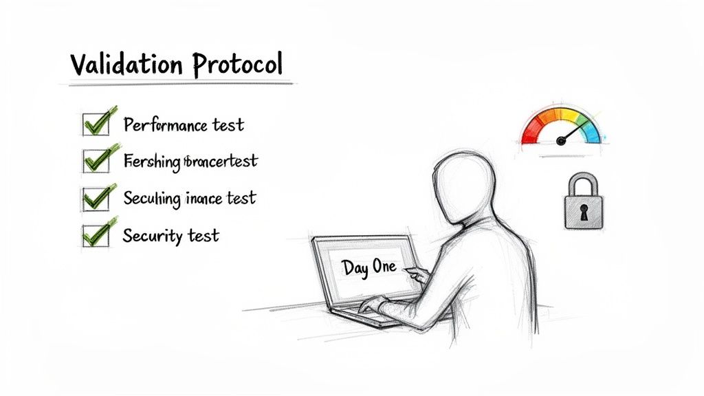 A "Validation Protocol" checklist with tests, a person working on a laptop, a performance gauge, and a padlock.
