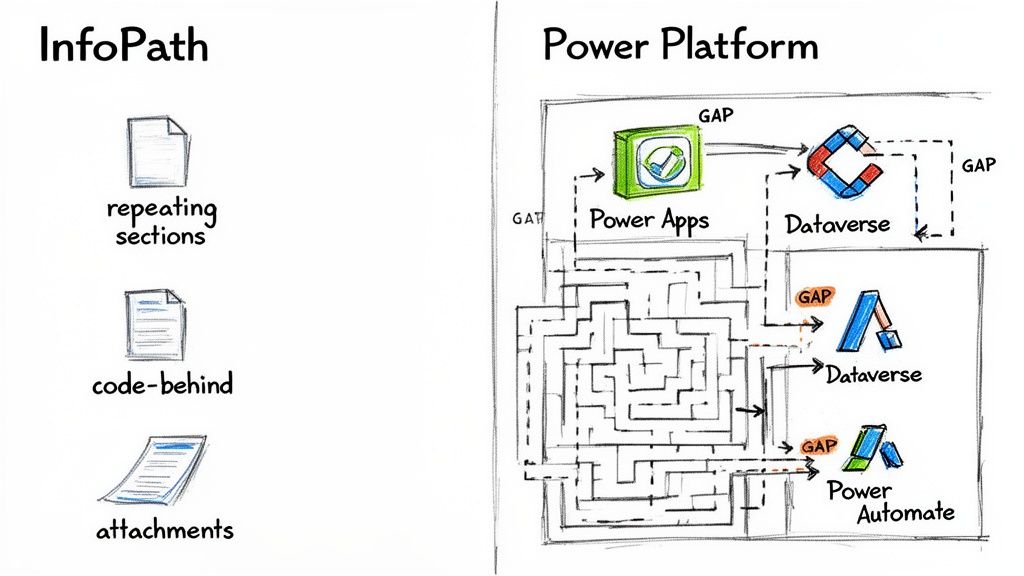Diagram comparing InfoPath features like repeating sections with a Power Platform migration architecture: Power Apps, Dataverse, and Power Automate.