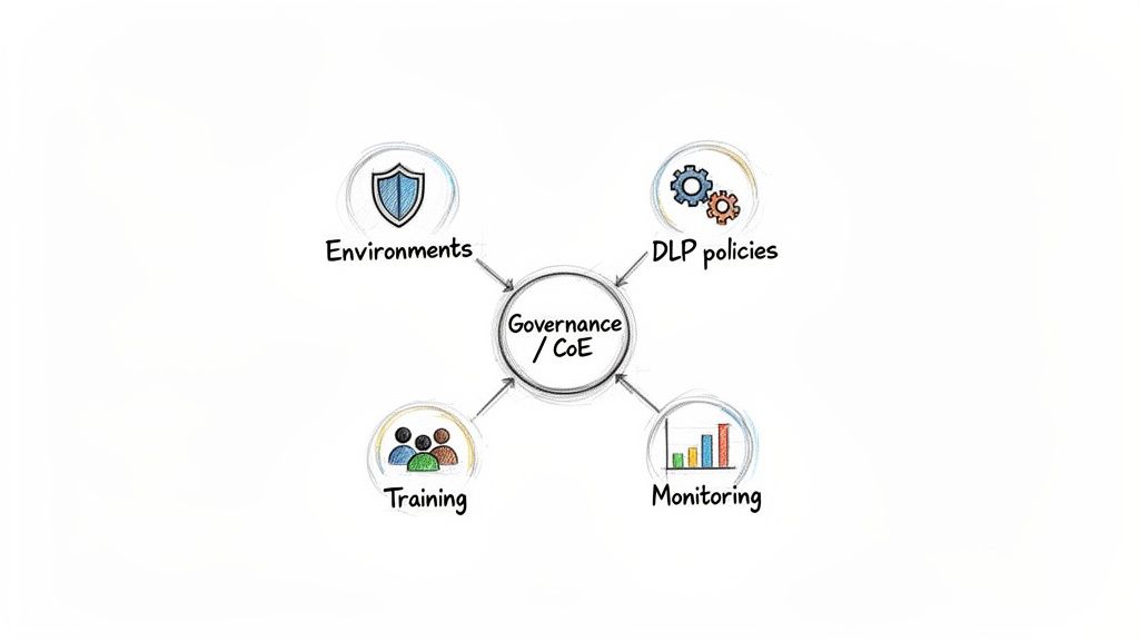 A diagram illustrating Governance/CoE at the center, connected to Environments, DLP policies, Training, and Monitoring.