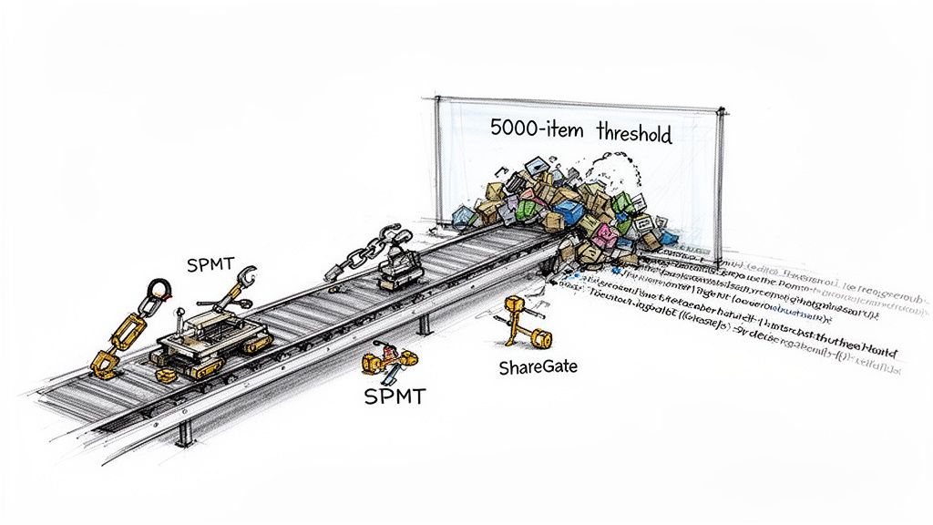 A cartoon showing SPMT and ShareGate tools on a conveyor belt, tackling a 5000-item threshold of data.