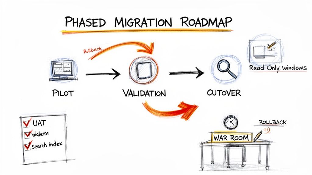 Phased migration roadmap illustrating pilot, validation, and cutover steps with rollback options and a checklist.