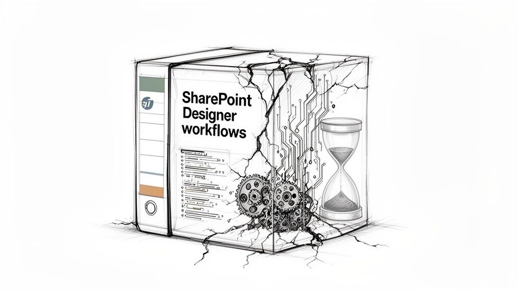 An old SharePoint Designer workflows box breaking apart, revealing gears, circuits, and an hourglass.