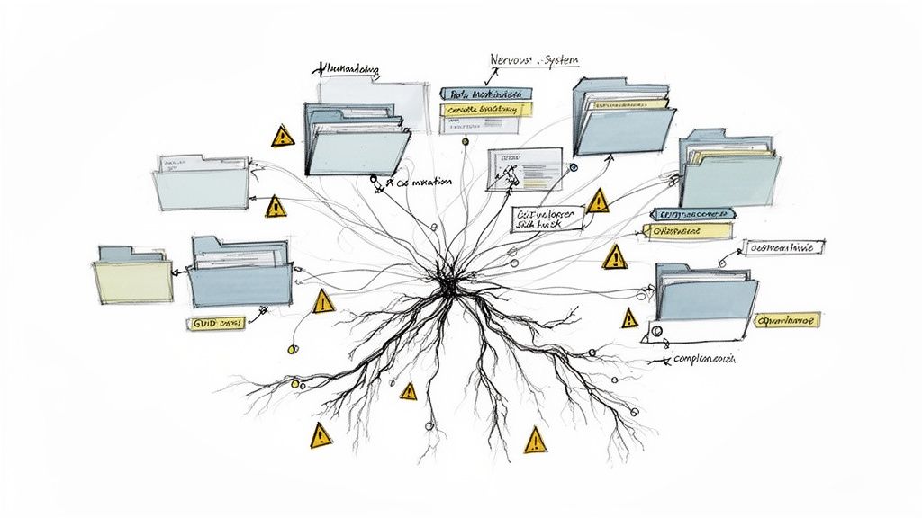 A detailed sketch of a root system connecting numerous file folders and documents with warning signs.