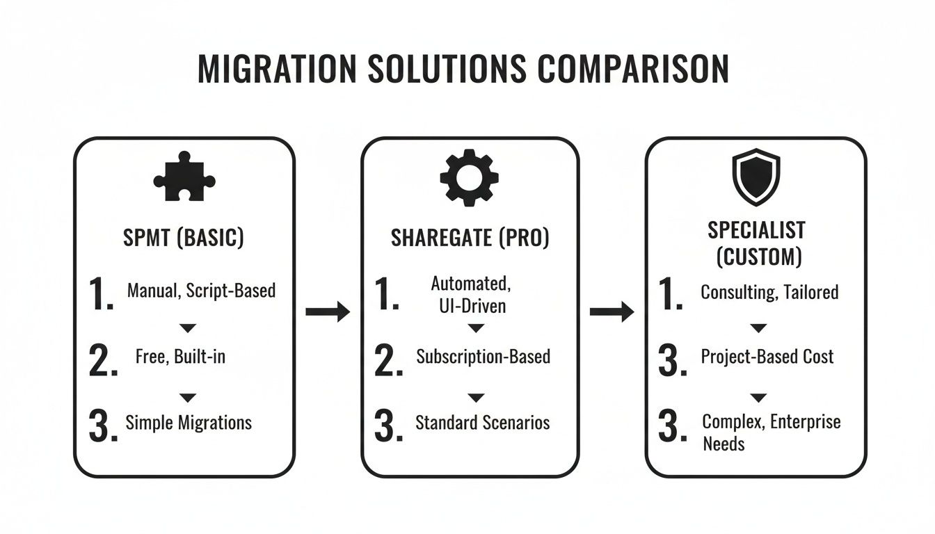 Visual comparison of three migration solutions: SPMT, ShareGate, and Specialist, outlining features and costs.