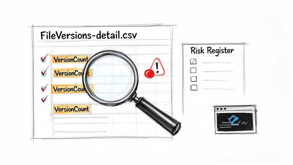 Sketch showing data analysis of file versions, highlighting risks for migration.