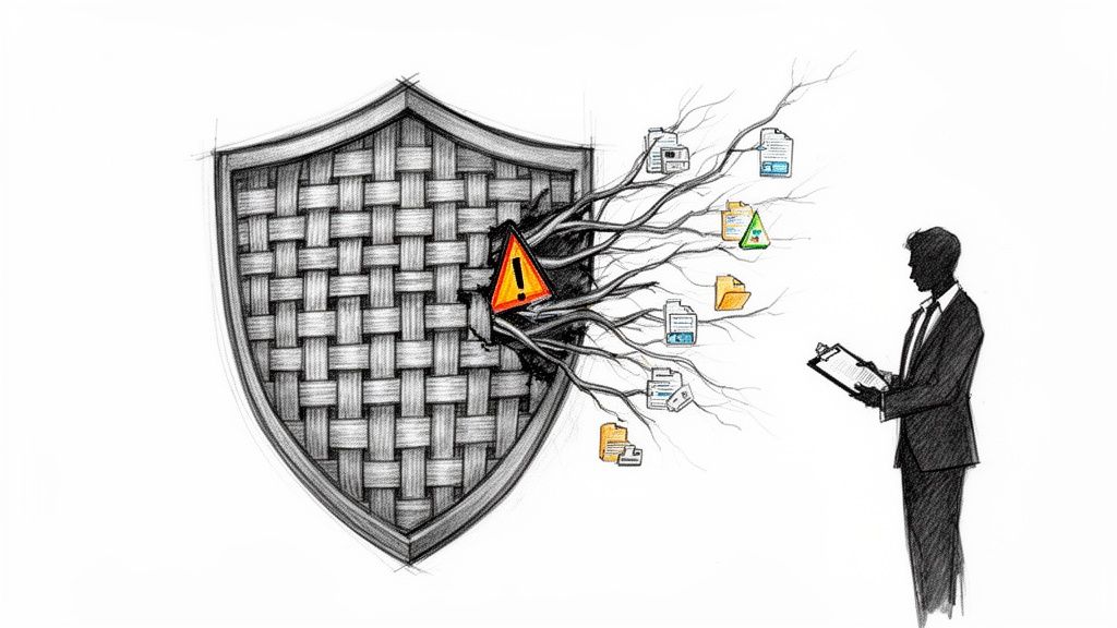 A woven shield broken, revealing data files spilling out, with a warning sign, observed by a businessman.