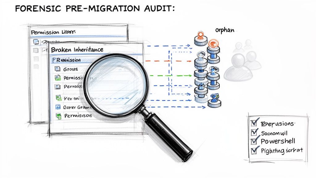 Forensic pre-migration audit diagram showing permission analysis, broken inheritance, and orphaned user accounts.