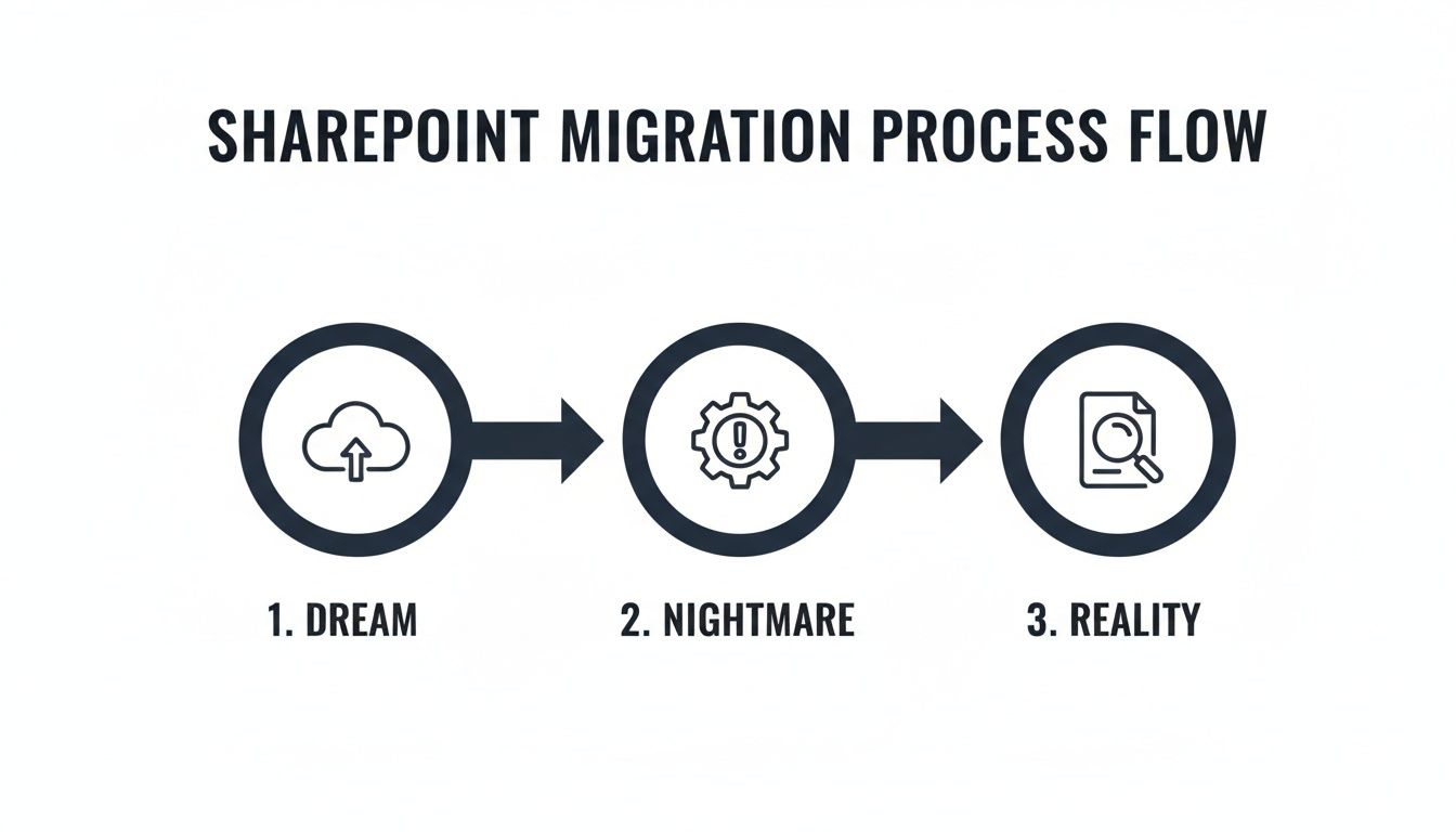 A humorous diagram illustrating the SharePoint migration process flow from dream to nightmare to reality.