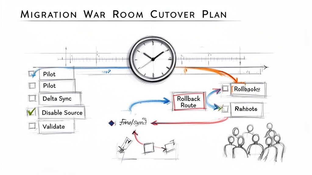 A hand-drawn diagram illustrating a migration war room cutover plan with a timeline, tasks, and rollback options.