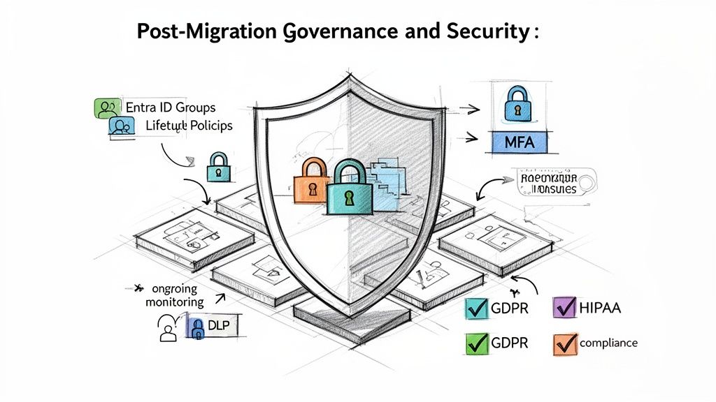 A diagram illustrating post-migration governance and security with a central shield, locks, and compliance elements.