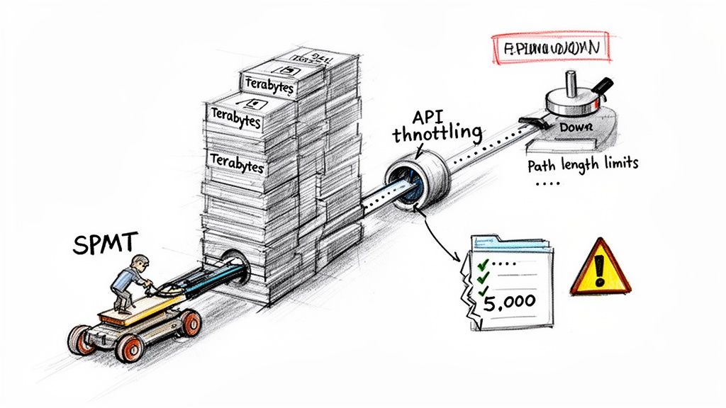 Illustration depicting SPMT data migration challenges: large terabytes of data are slowed by API throttling and path length limits.