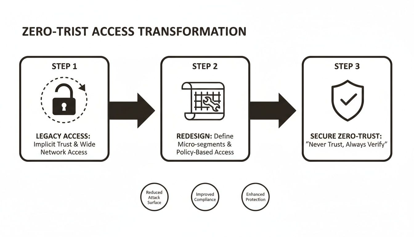 A diagram illustrating a three-step zero-trust access transformation from legacy to secure policy-based access.