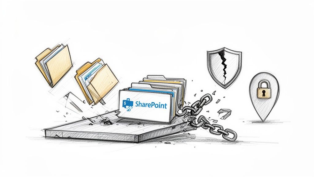 SharePoint folders breaking free from chains, symbolizing secure data migration and liberation.