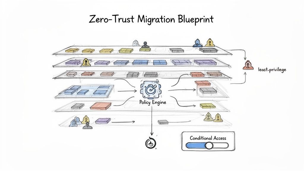 A blueprint for zero-trust migration, showing a policy engine, conditional access, and least privilege principles.