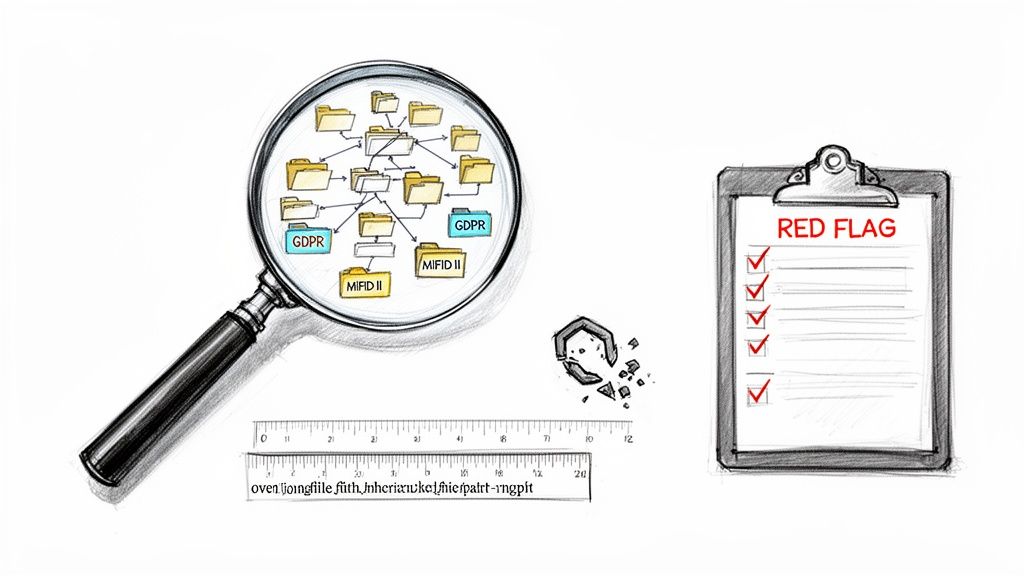 A magnifying glass inspects data flows with GDPR/MIFID II compliance, revealing red flags and broken processes.