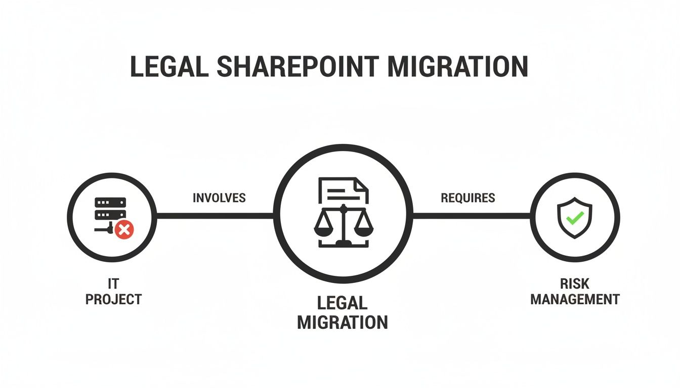 A diagram illustrating the legal SharePoint migration process, involving IT projects and requiring risk management.