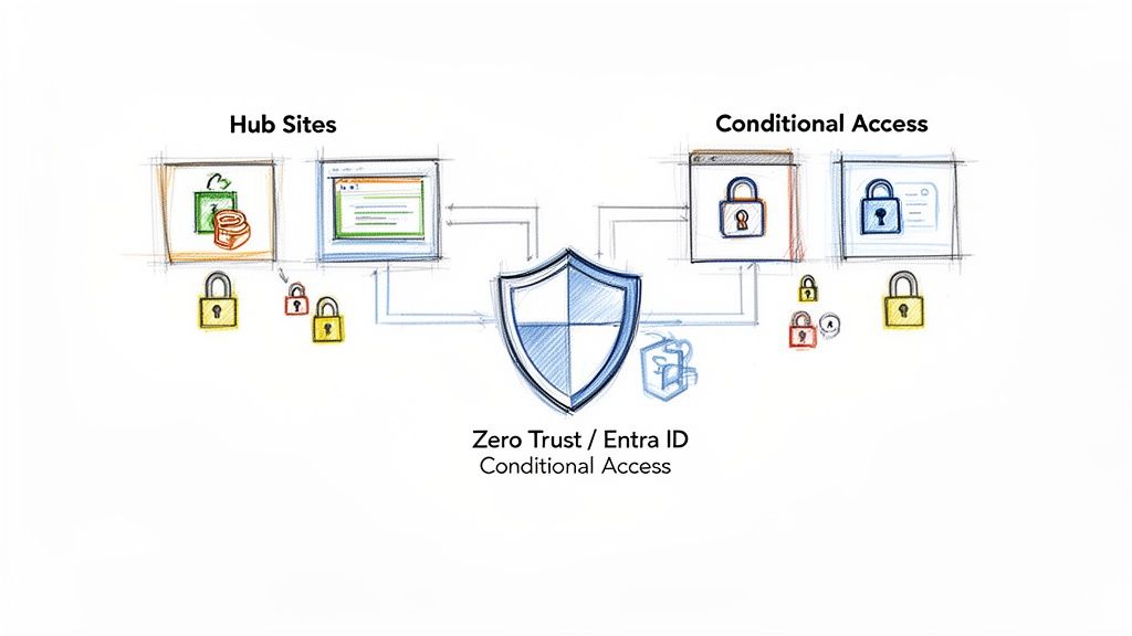 Security diagram showing Zero Trust and Entra ID Conditional Access protecting hub sites and resources.