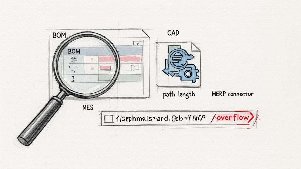 Sketch illustrating the integration of BOM, CAD, and MES data in manufacturing, highlighting data analysis and potential overflow.