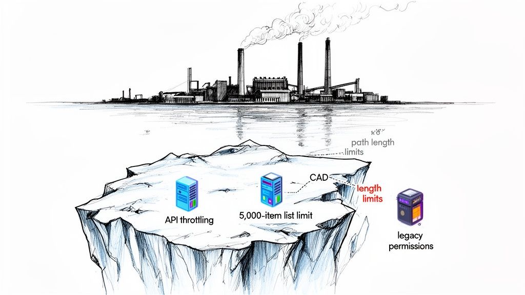 An iceberg illustrating hidden technical challenges, with a factory above and servers/limits below the surface.
