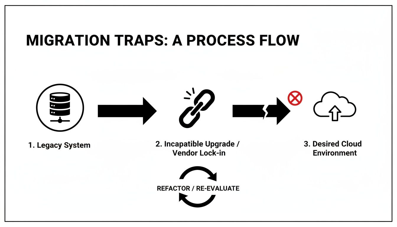 Process flow illustrating migration traps from legacy systems to a desired cloud environment, highlighting upgrade challenges.