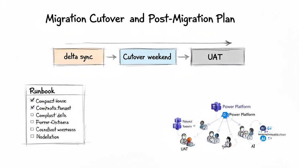 Migration plan flowchart shows delta sync, cutover weekend, UAT, a runbook, and Power Platform integration with AI.
