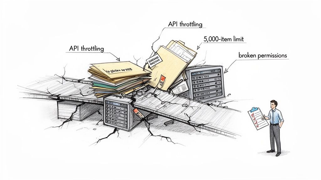 An illustration of a man observing a crumbling desk with folders and servers, highlighting API throttling, 5,000-item limits, and broken permissions.