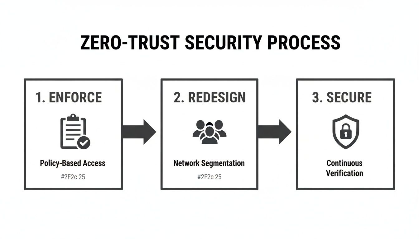 Flowchart illustrating the three-step Zero-Trust Security Process: Enforce, Redesign, and Secure.
