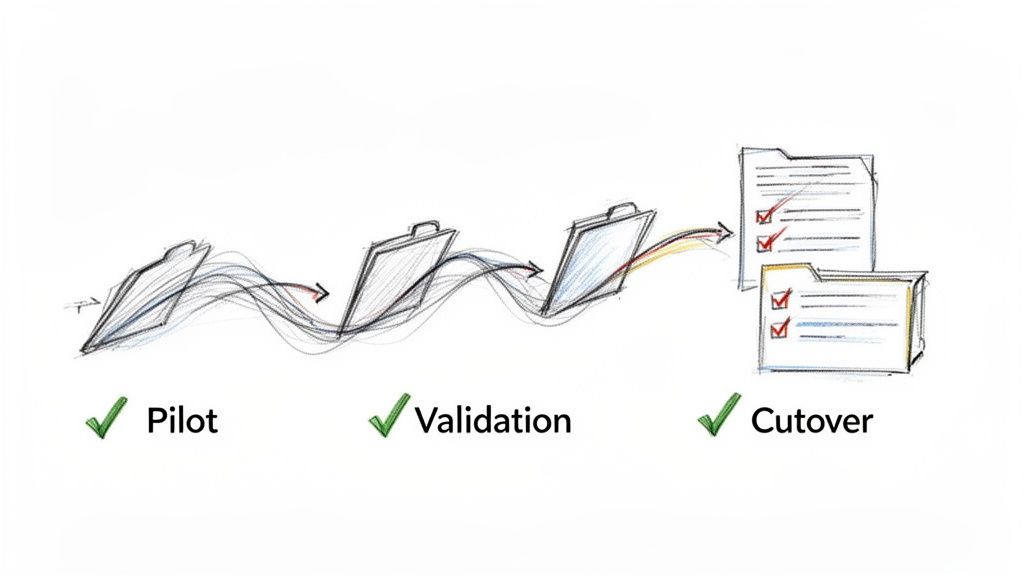 A visual diagram showing three project stages: Pilot, Validation, and Cutover, each marked with a green checkmark.