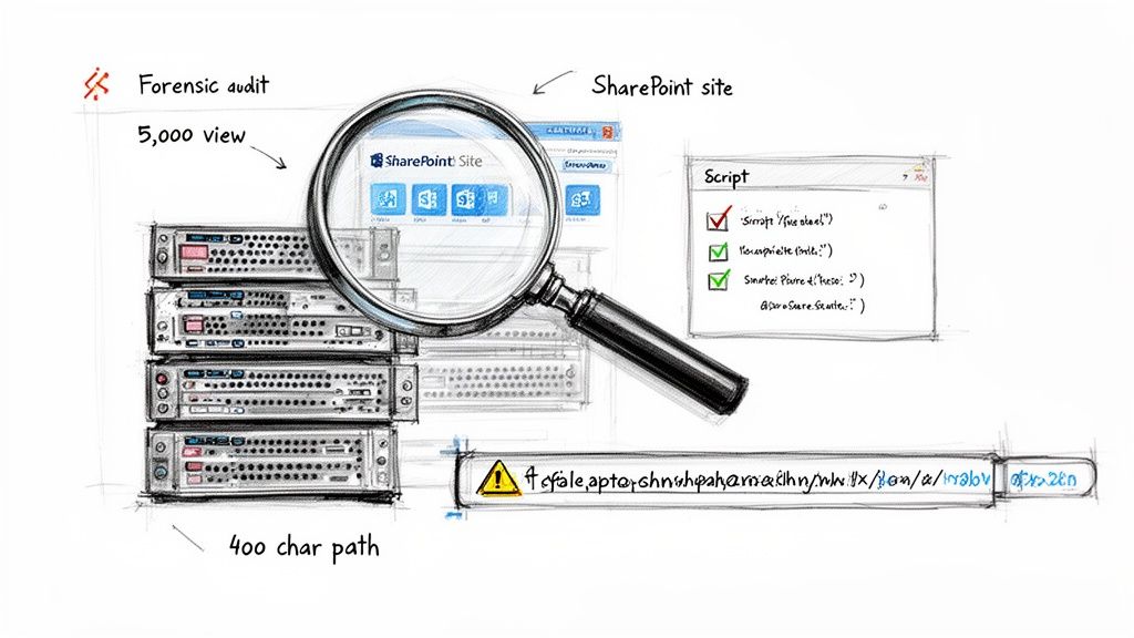 Illustration of a forensic audit on a SharePoint site, detailing servers, script analysis, and a long file path.