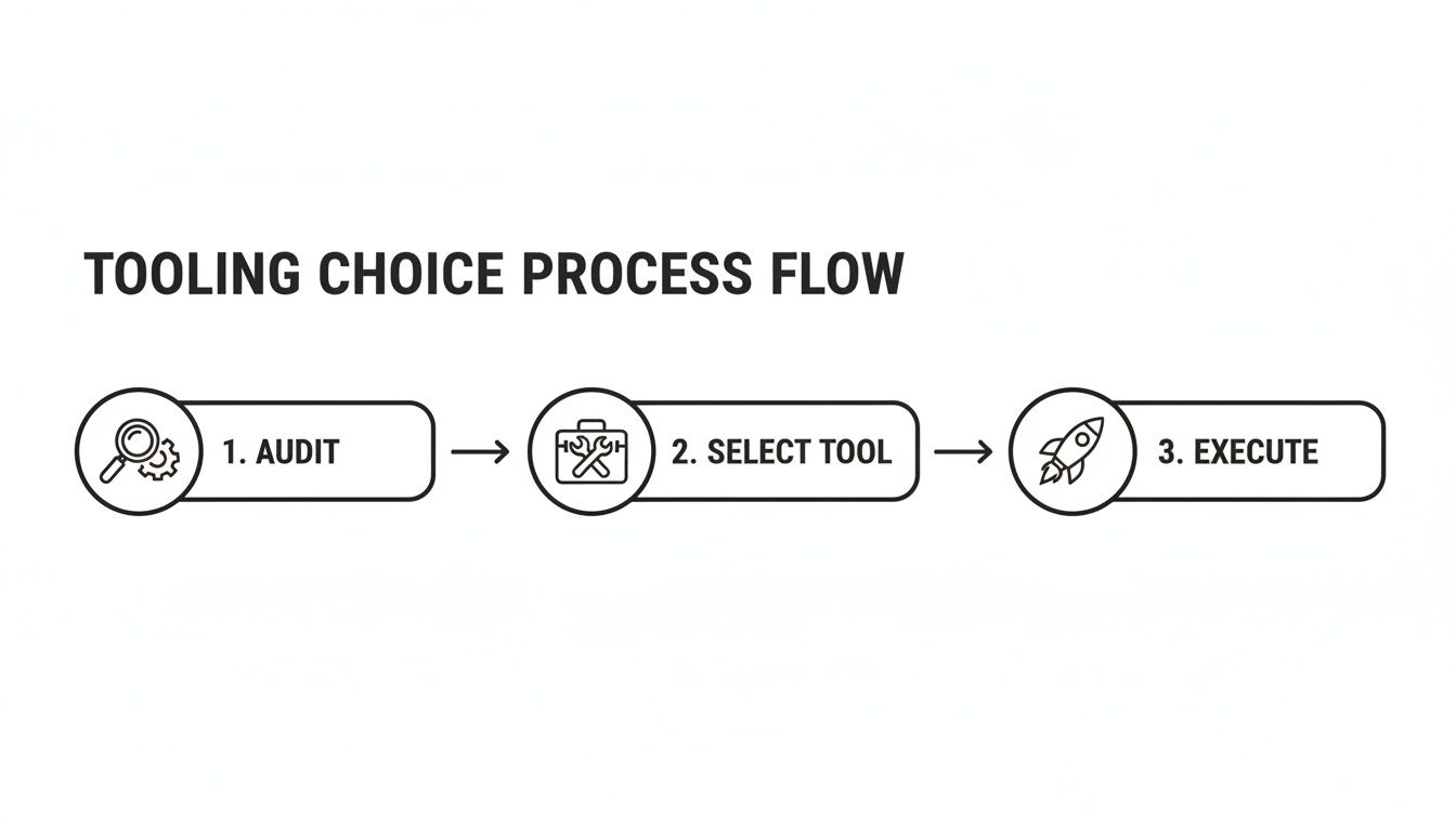 A diagram showing a three-step tooling choice process flow: 1. Audit, 2. Select Tool, 3. Execute, with corresponding icons.