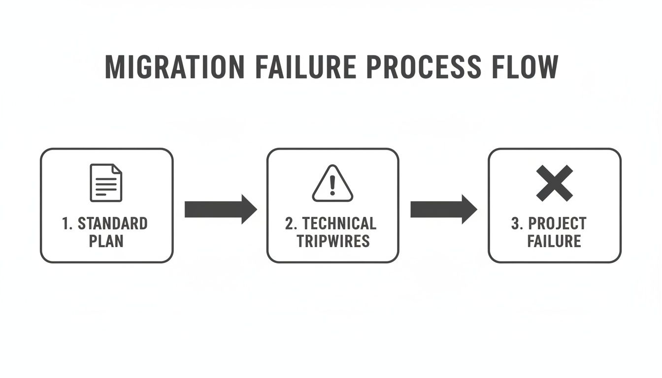 A flowchart illustrates the migration failure process, moving from a standard plan through technical tripwires to project failure.