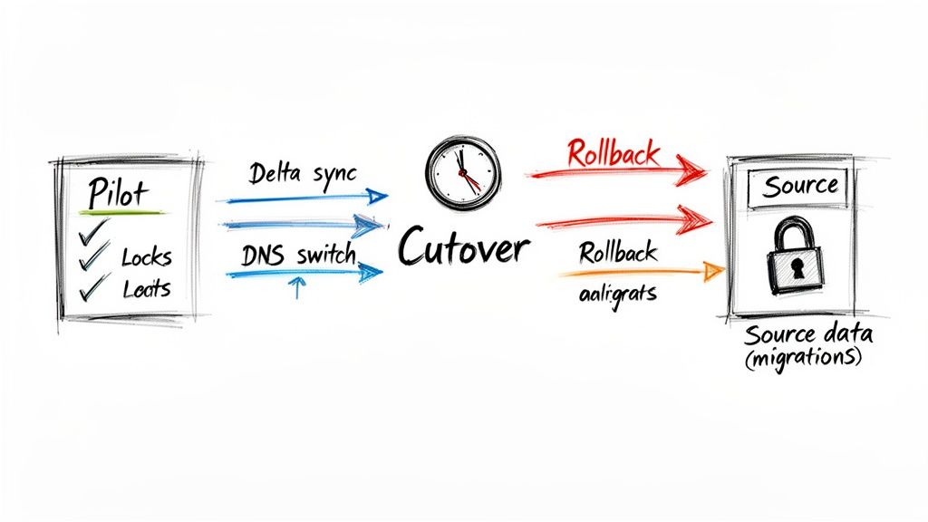 Diagram illustrating a data migration cutover process, including pilot checks, delta sync, DNS switch, and rollback options.