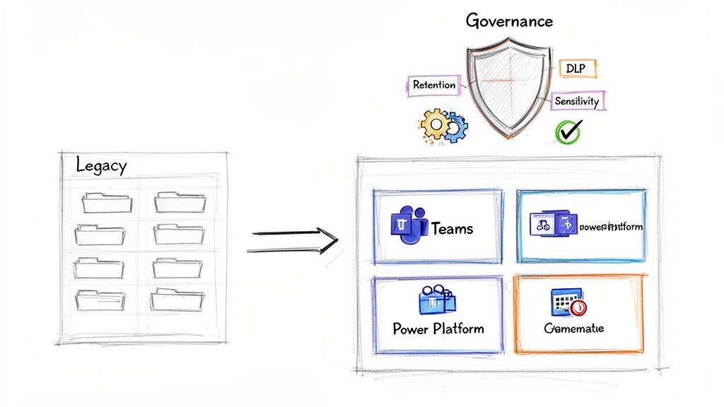 Diagram showing migration from legacy folders to modern platforms (Teams, Power Platform) with governance (DLP, retention).